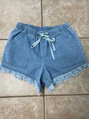 Light Wash Denim Drawstring Fringe Shorts